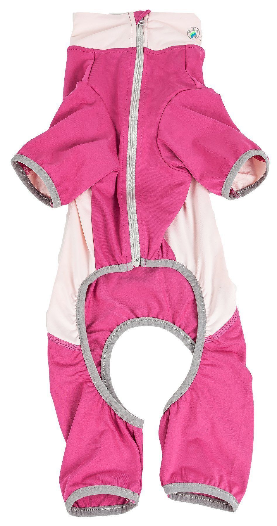 Pink and light-pink zip dog tracksuit with heart-shaped belly opening and contrast trim