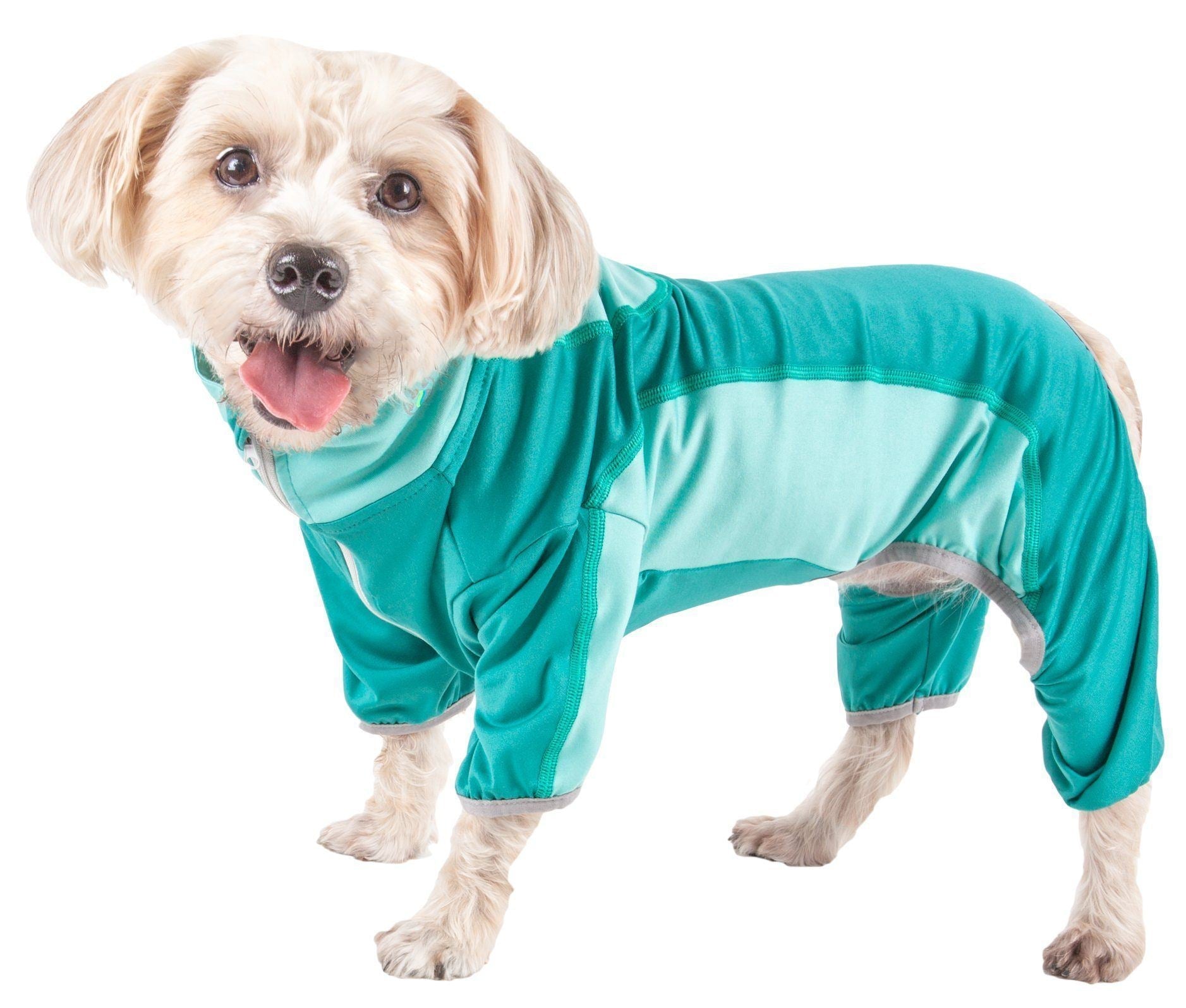 Dog yoga warm-up tracksuit in aqua green with green side panels and stretch cuffs