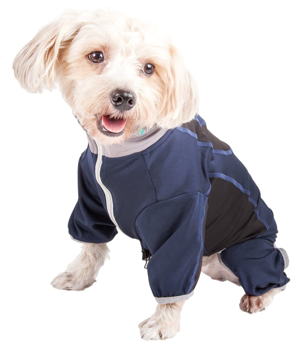 Navy and gray dog yoga warm-up suit with front zipper and gray belly opening