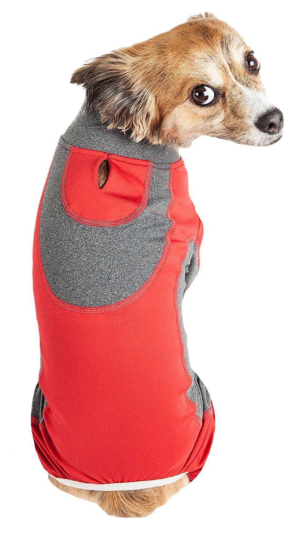 Red and gray dog stretchy warm-up tracksuit with hooded neck pocket