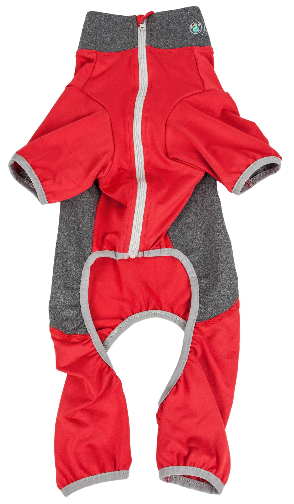 Red and charcoal gray zip-up dog tracksuit with heart-shaped belly opening