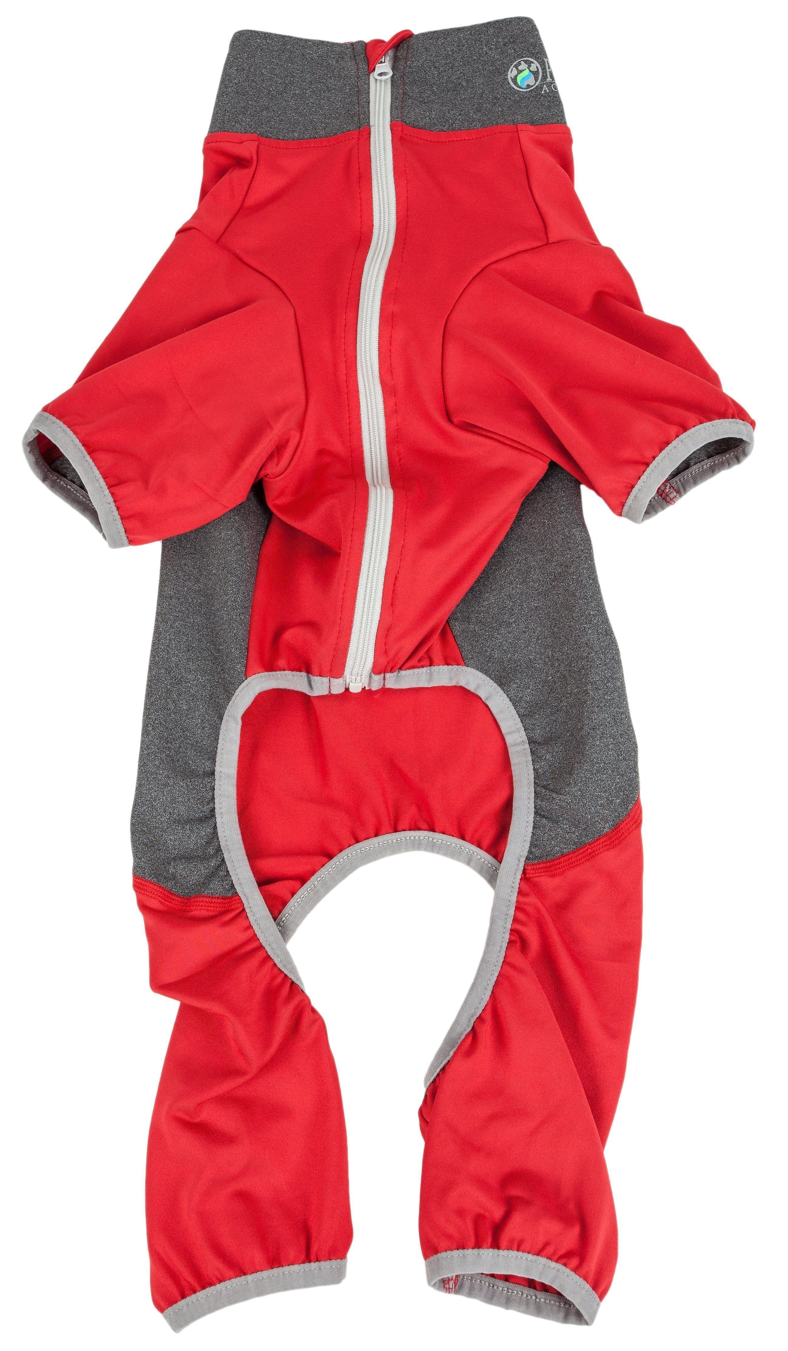 Red and charcoal gray zip-up dog tracksuit with heart-shaped belly opening