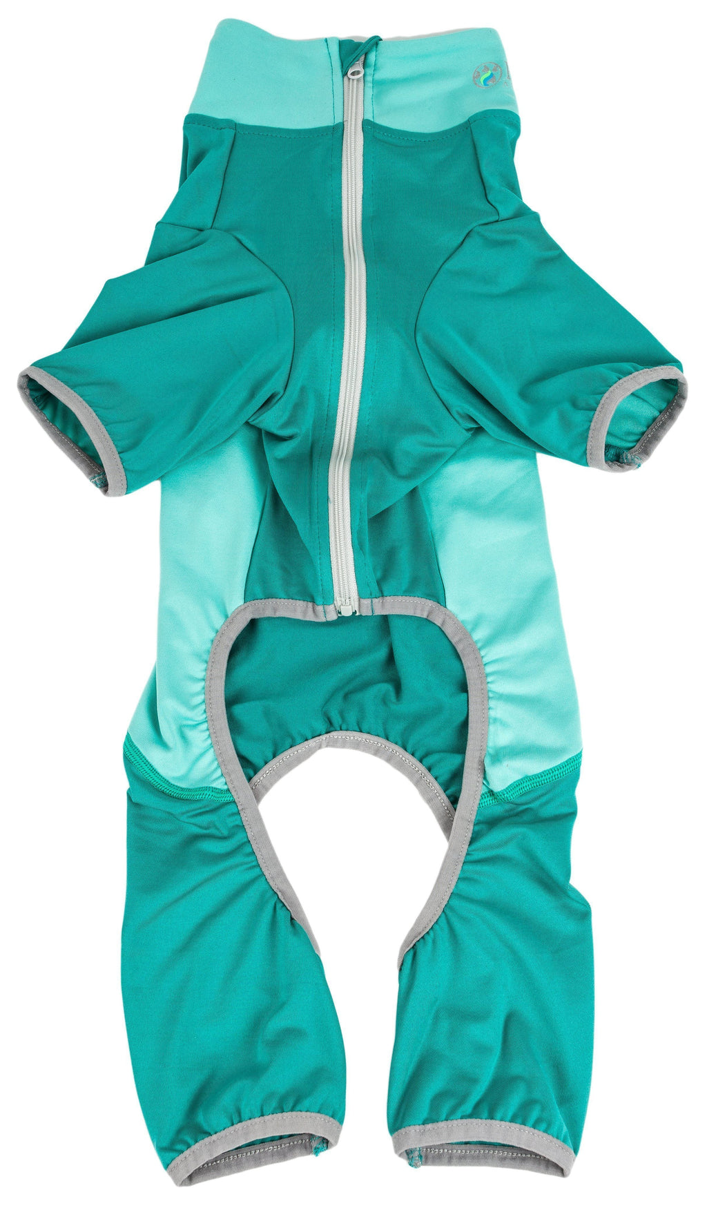 Teal dog tracksuit with contrast light panels, front zipper, and gray belly opening