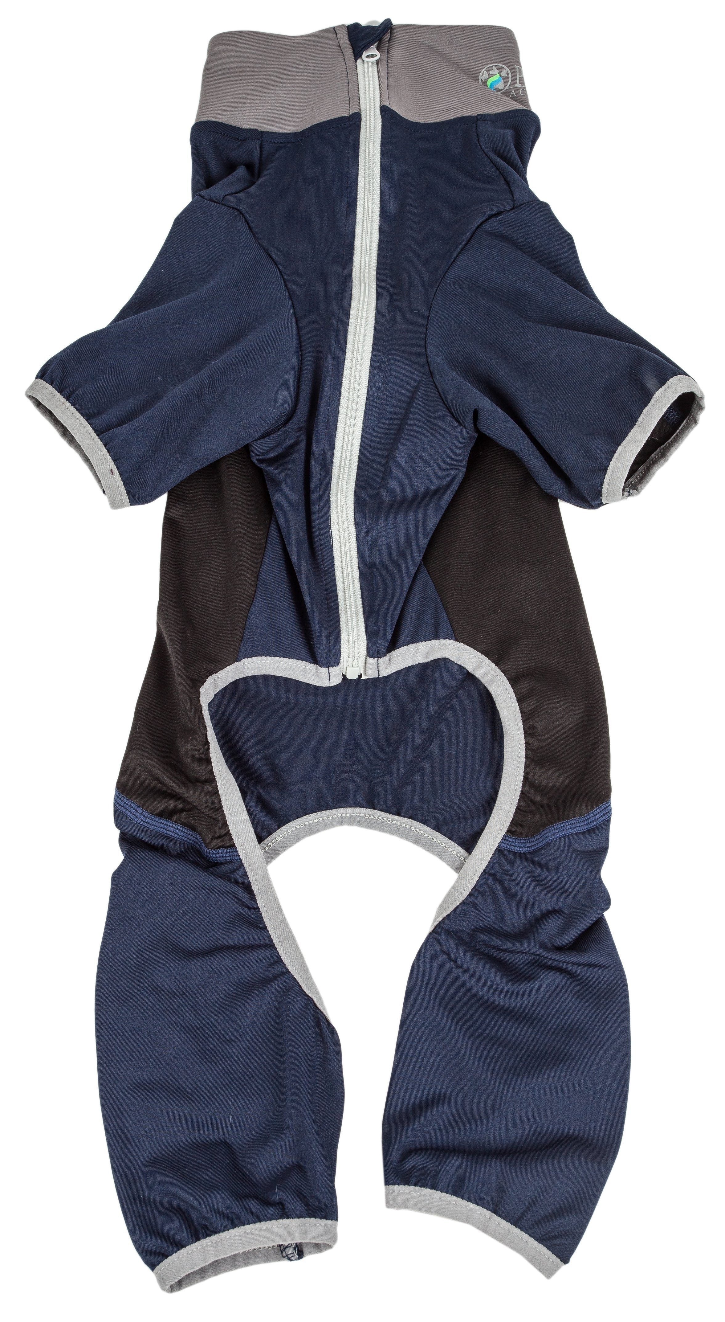 Navy and dark-brown dog zip tracksuit with large heart-shaped belly opening