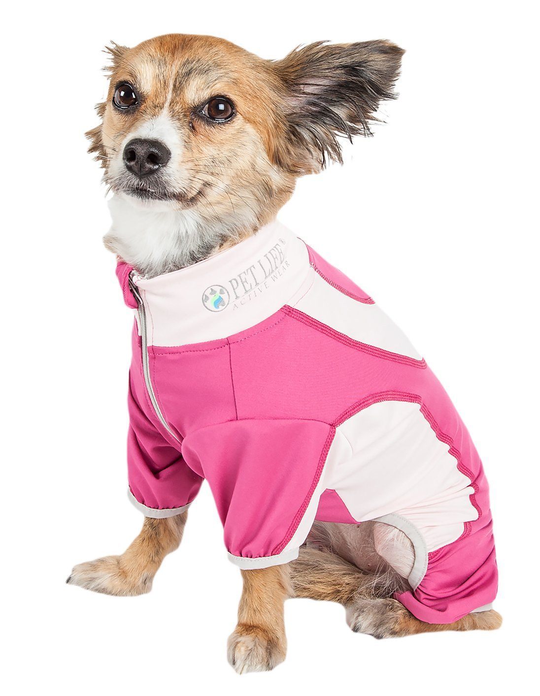 Pink dog tracksuit with white upper, front zipper, and gray-trim belly opening