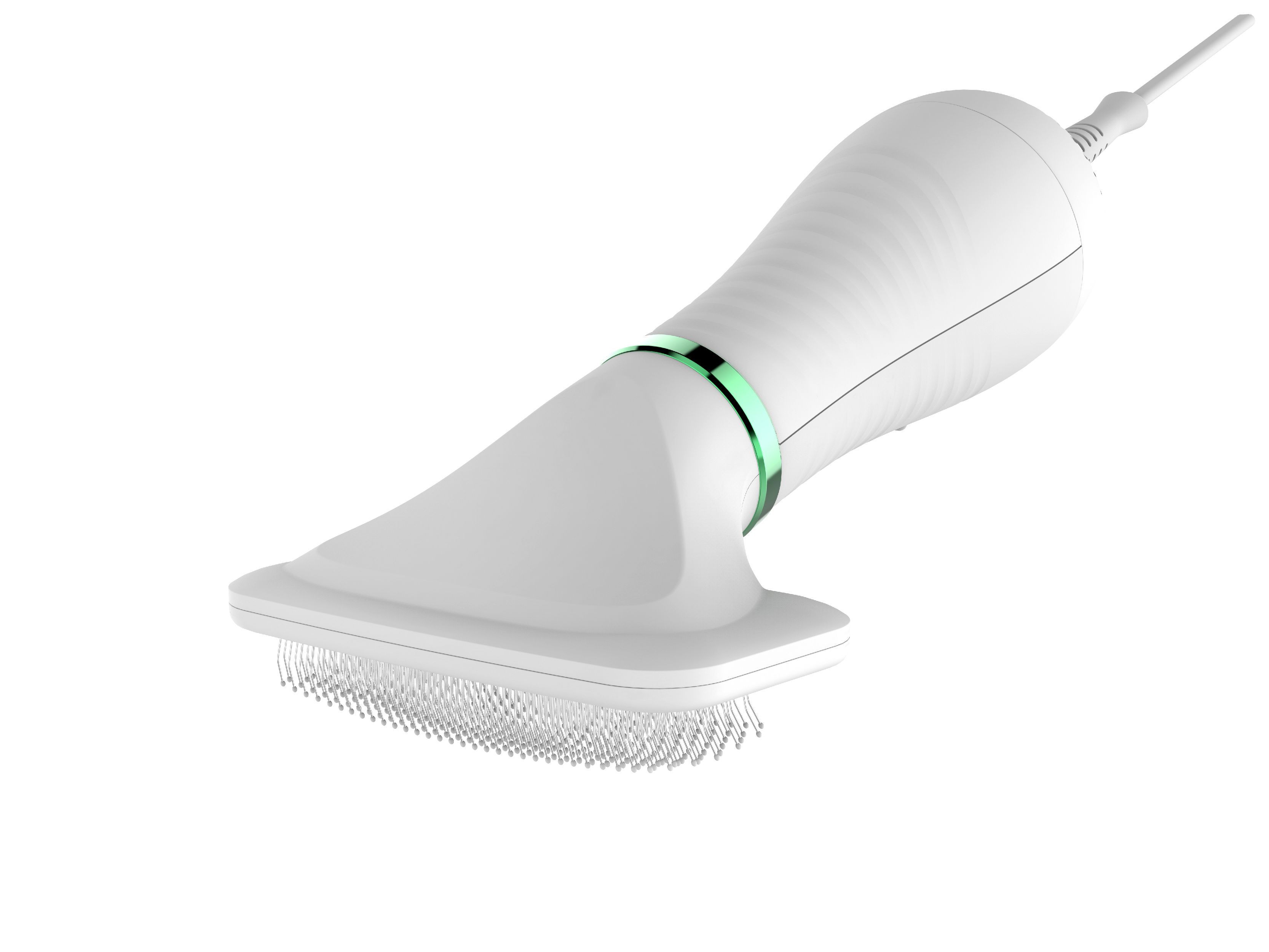 Pin-brush grooming base attachment on white dryer handle with green illuminated band