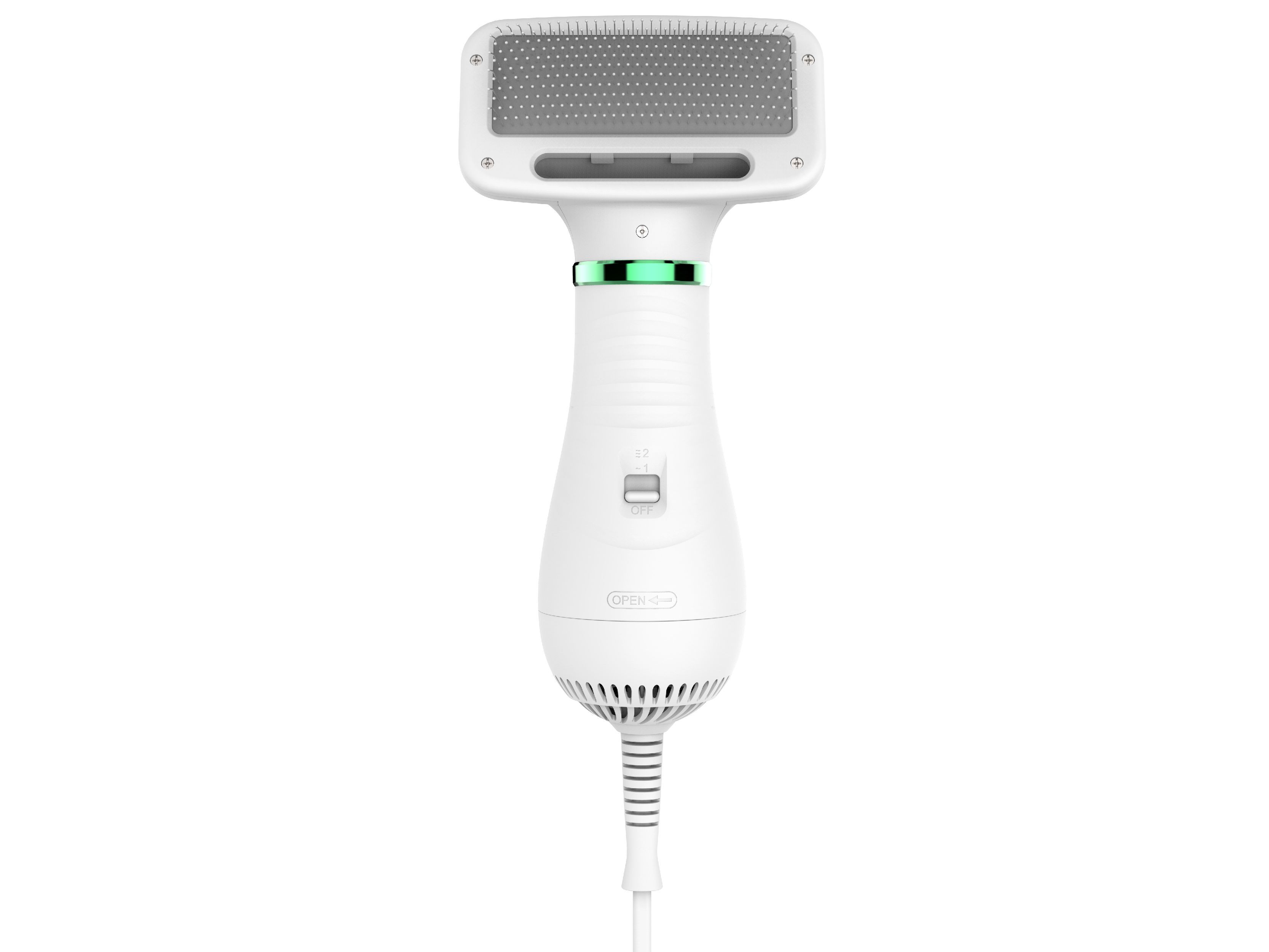 White 2-in-1 electronic pet dryer with pin brush head and green LED ring