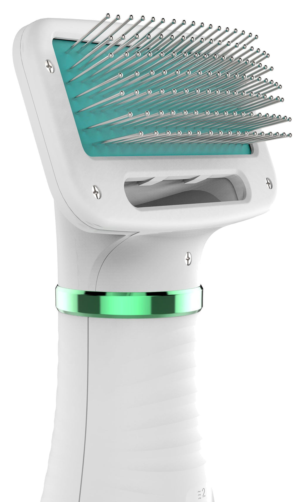 Electronic pet dryer pin brush with metal prongs and green light on white body