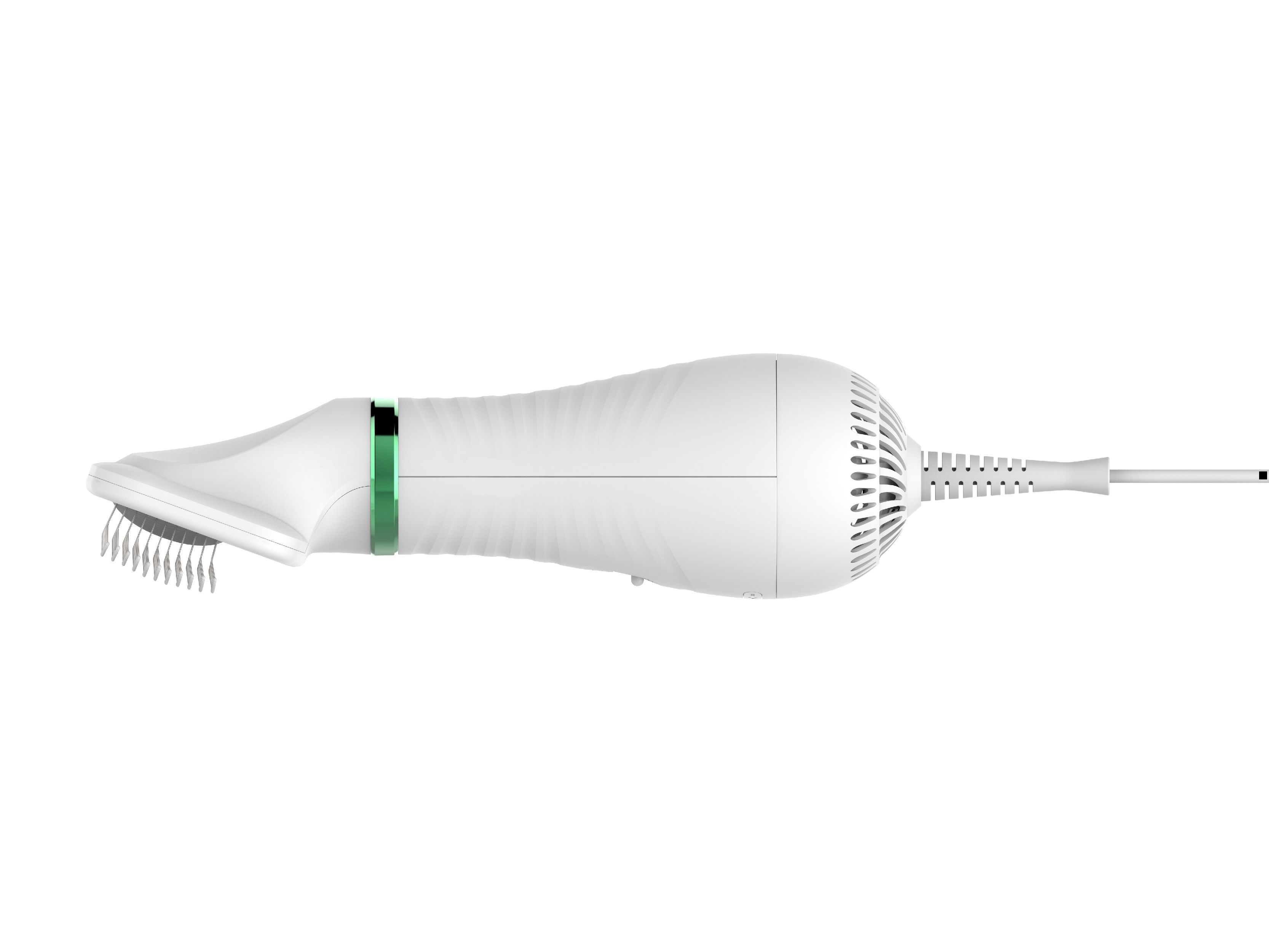 Handheld electronic pet dryer with pin-brush comb attachment, white body and green band