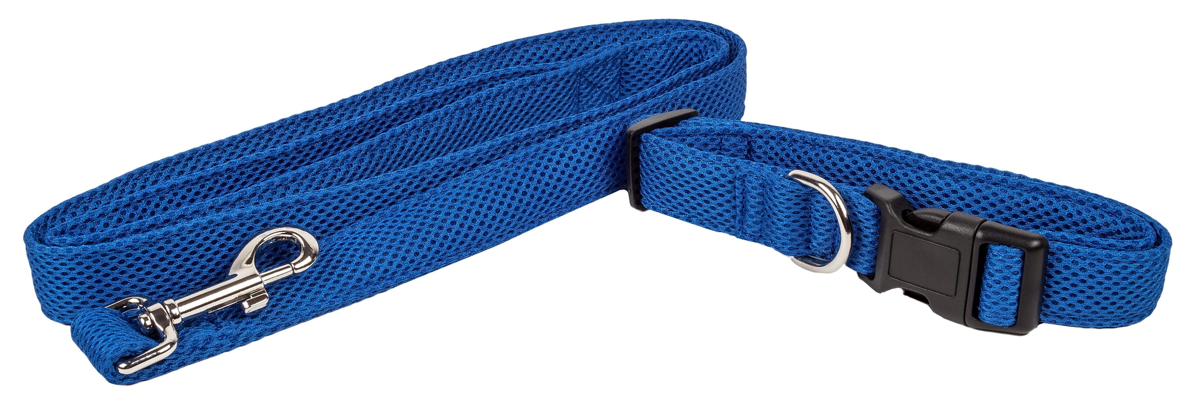 Blue mesh dog collar with metal clasp and black buckle, adjustable length
