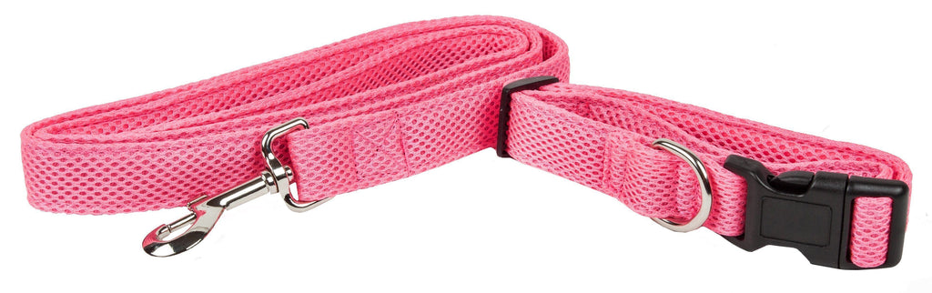 Pink mesh dog collar with metal clasp and black buckle, adjustable length