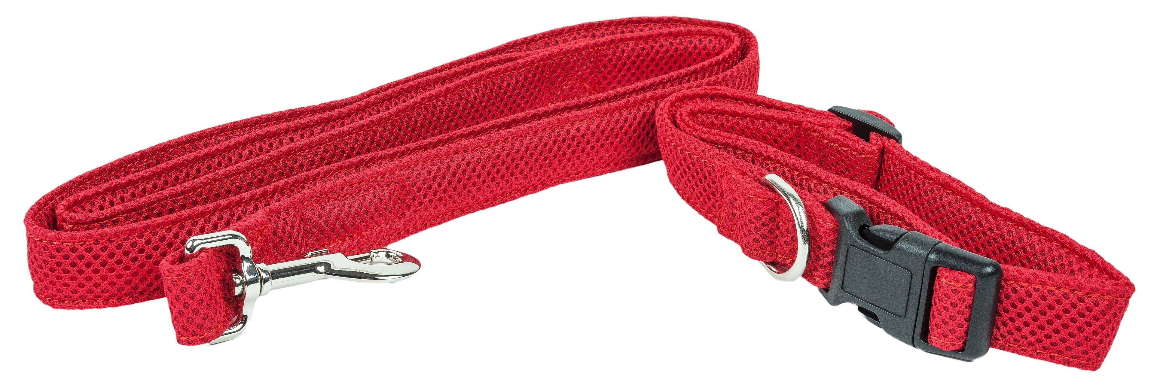 Red dual-sided mesh dog leash with adjustable buckle and metal clasp