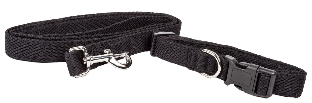Black dual-sided mesh dog leash with adjustable buckle and metal clasp