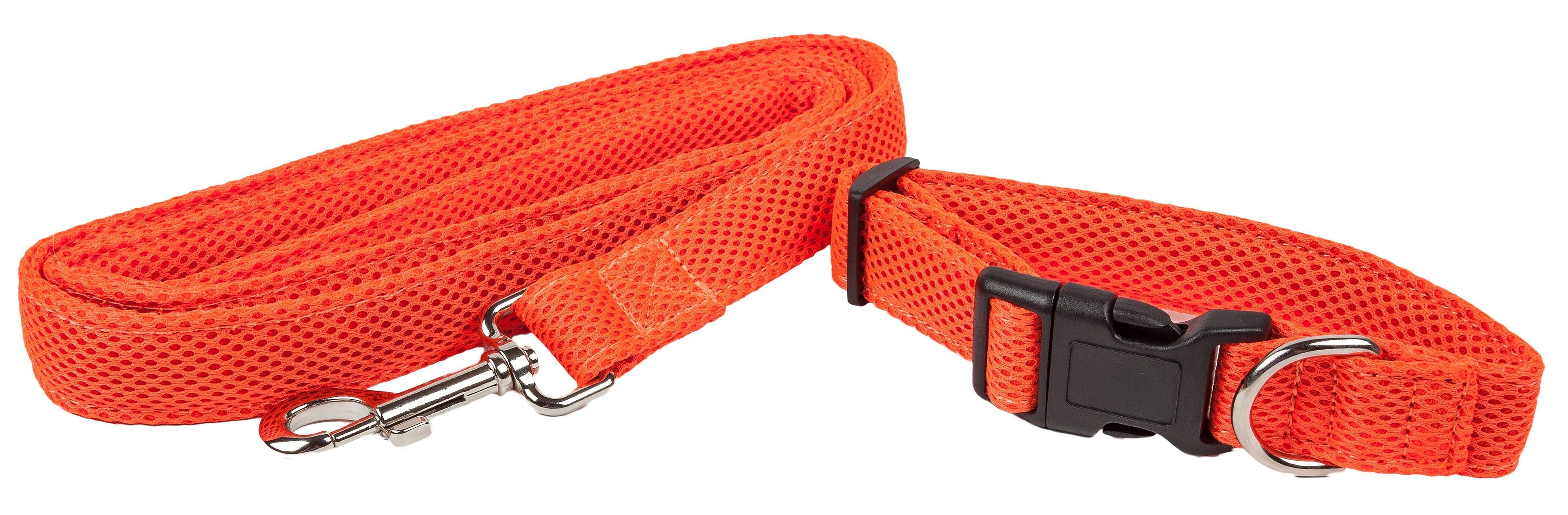 Orange mesh dog collar with metal clasp and black buckle, adjustable length
