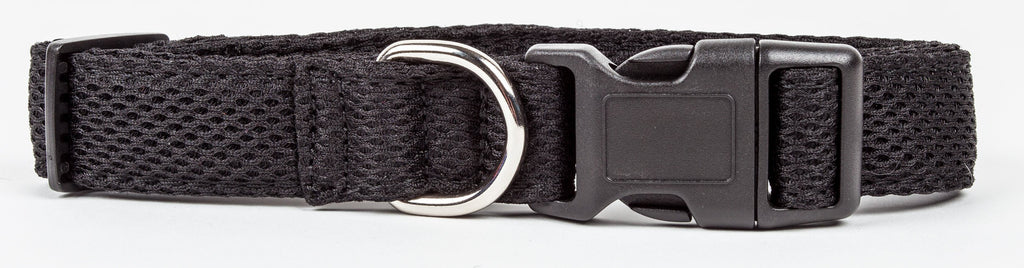 Black mesh dog collar side view with silver D-ring and black adjustment hardware