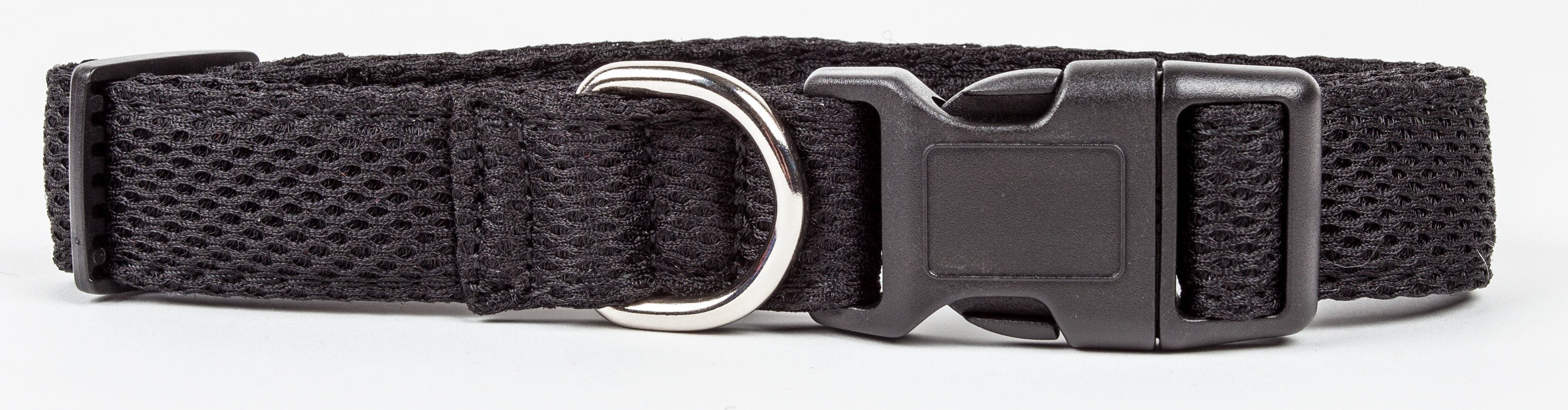 Black mesh dog collar side view with silver D-ring and black adjustment hardware