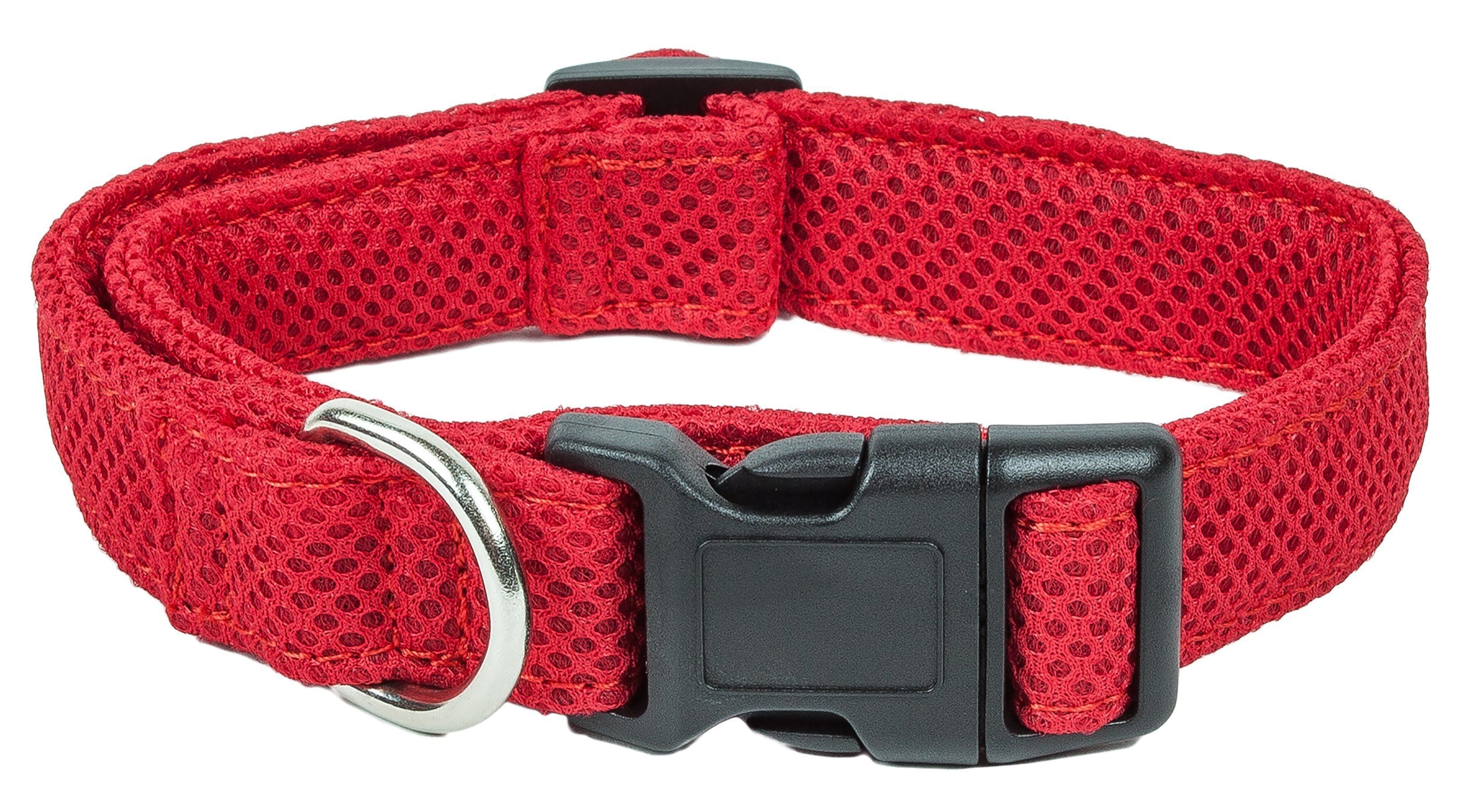 Red dog collar in dual-sided thick mesh with silver D-ring and black buckle