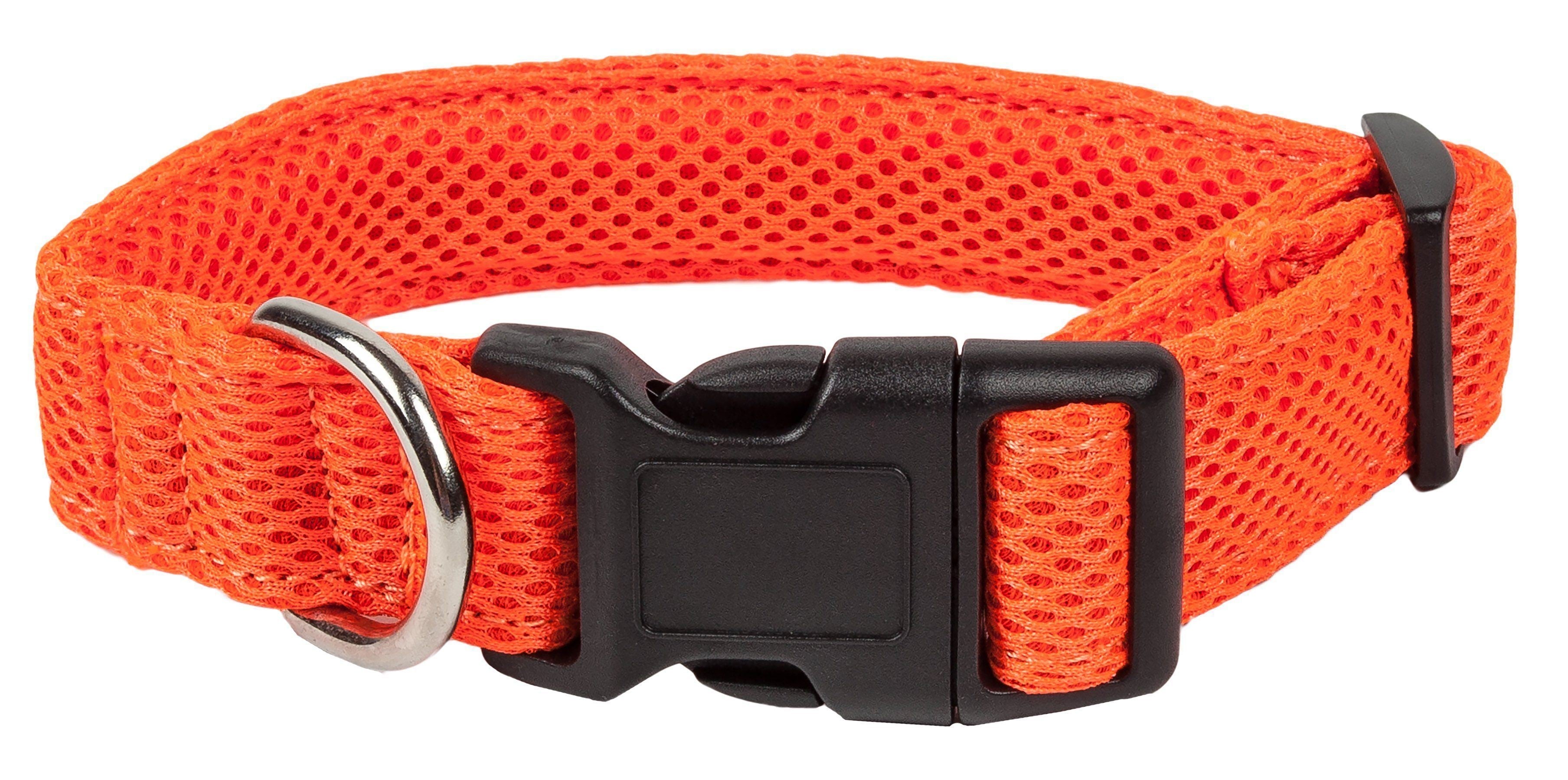 Orange breathable mesh dog collar with adjustable black buckle and metal D-ring