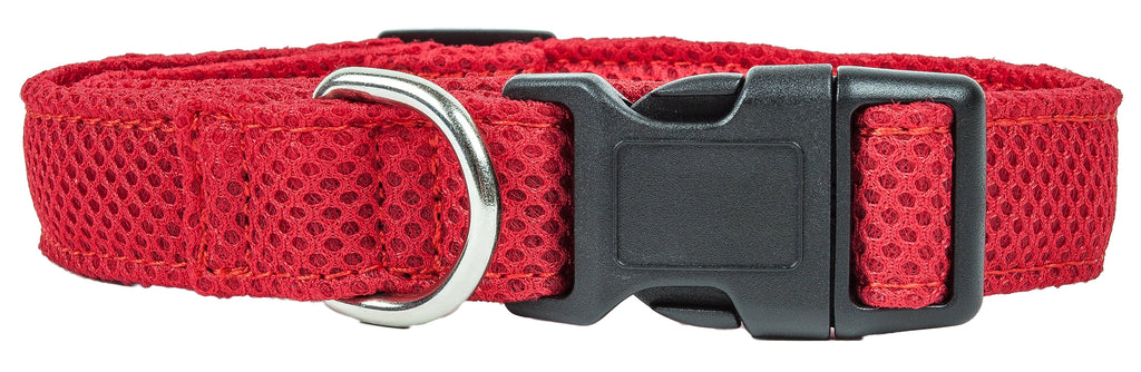 Red mesh dog collar front view with silver D-ring and black adjustable strap pieces