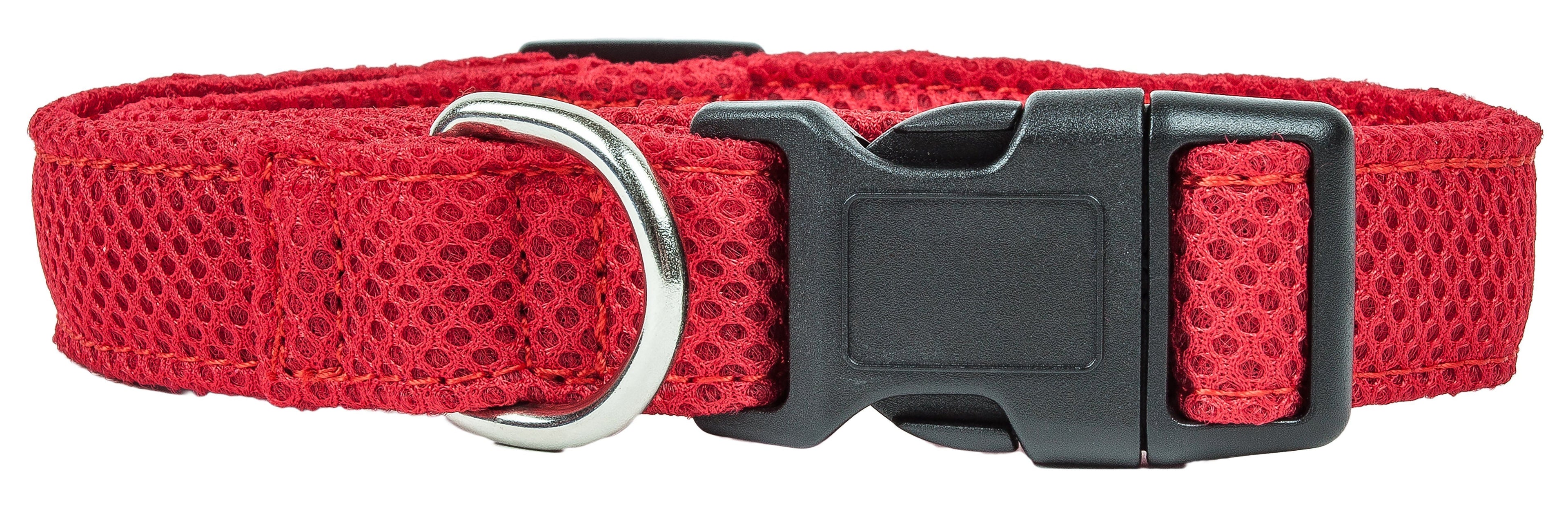 Red mesh dog collar front view with silver D-ring and black adjustable strap pieces