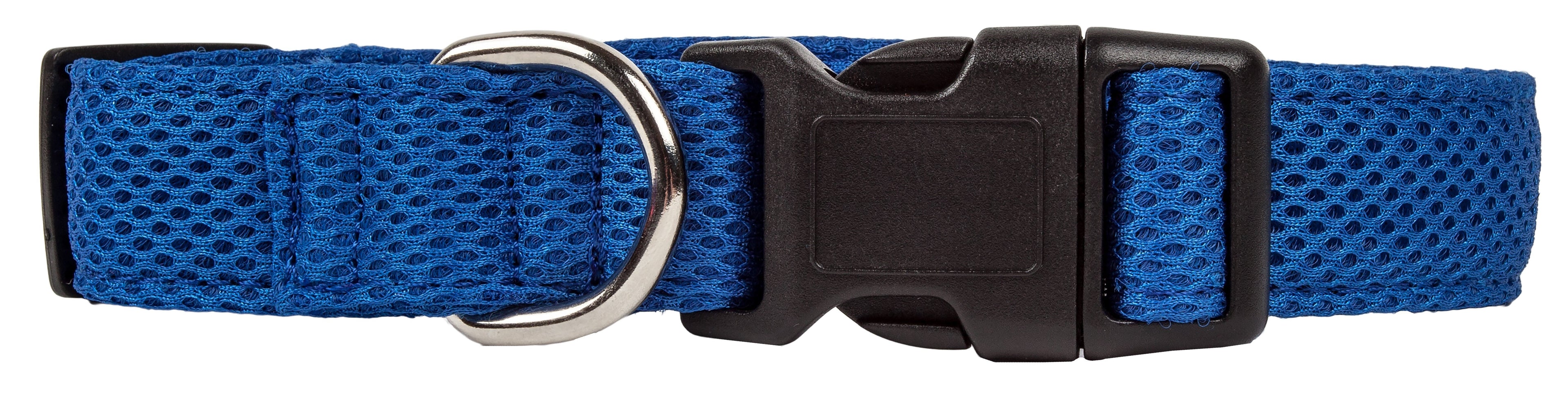 Blue mesh dog collar front view with black buckle and side adjustment strap