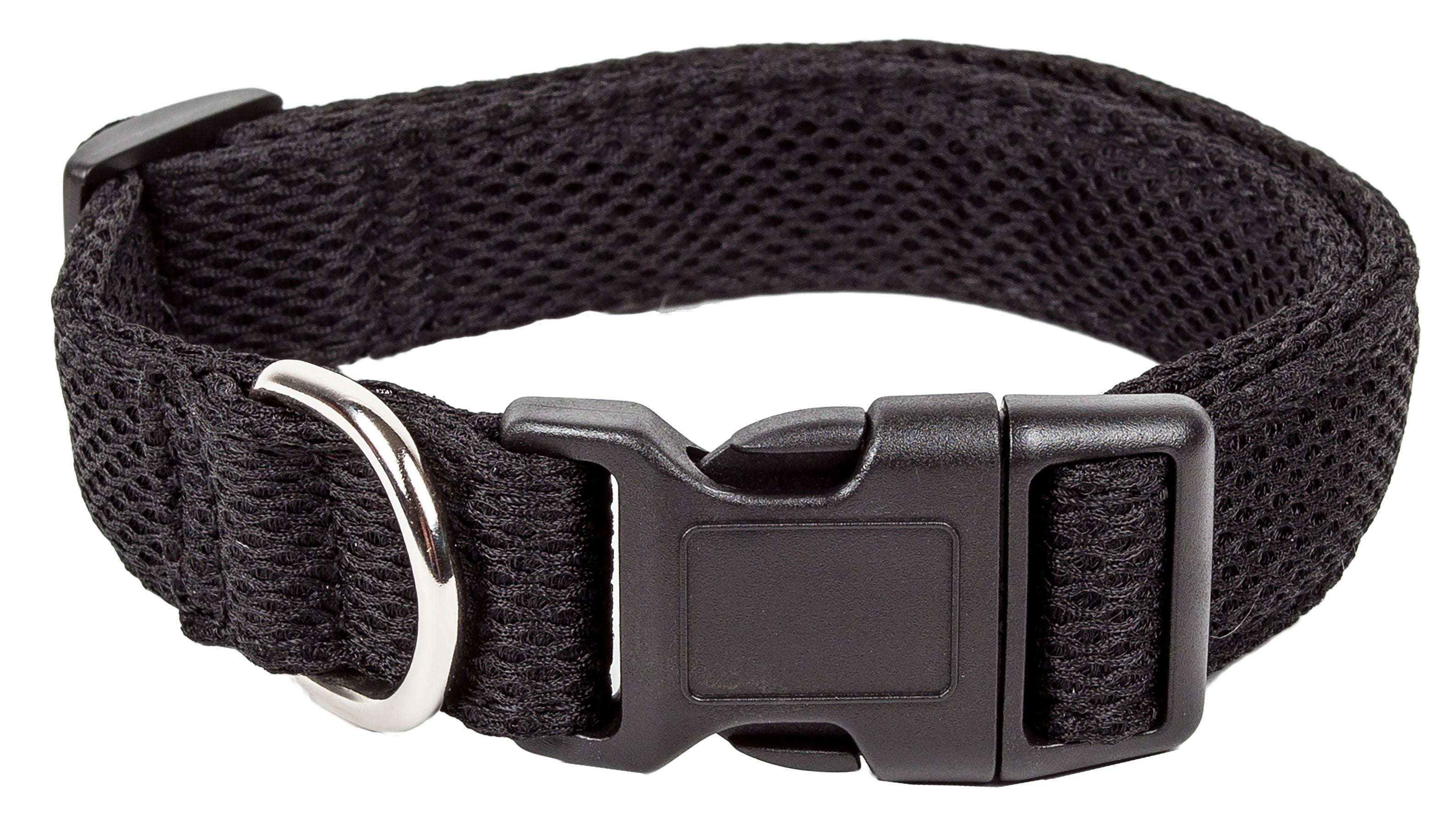 Black dual-sided mesh dog collar with silver D-ring and black plastic buckle