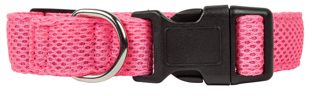 Pink mesh dog collar front view with black buckle and metal D-ring