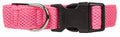 Pink mesh dog collar front view with black buckle and metal D-ring