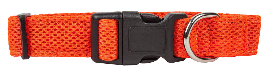 Orange mesh dog collar close-up with black buckle, tabs, and D-ring
