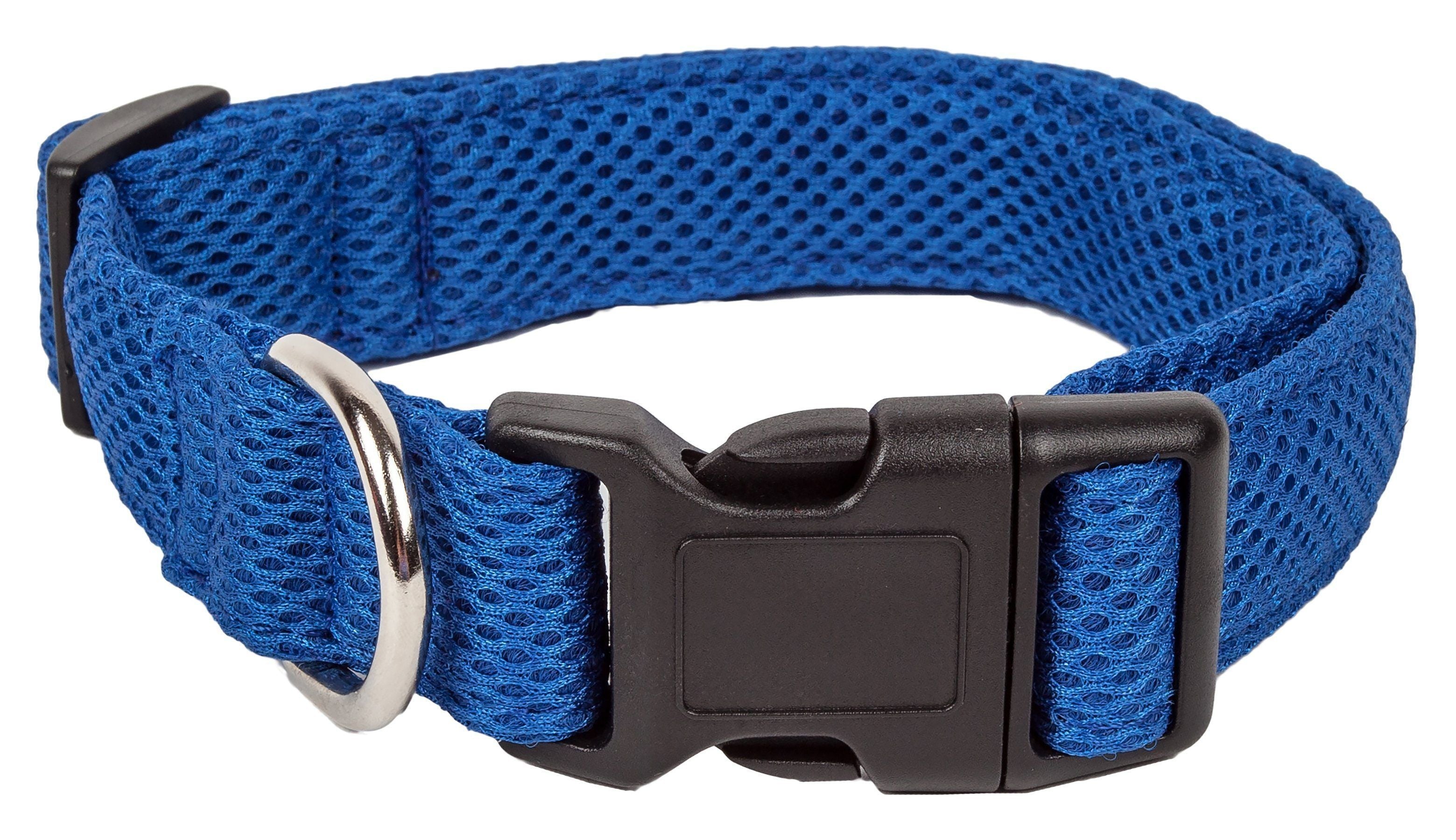Blue breathable mesh dog collar with adjustable buckle and D-ring