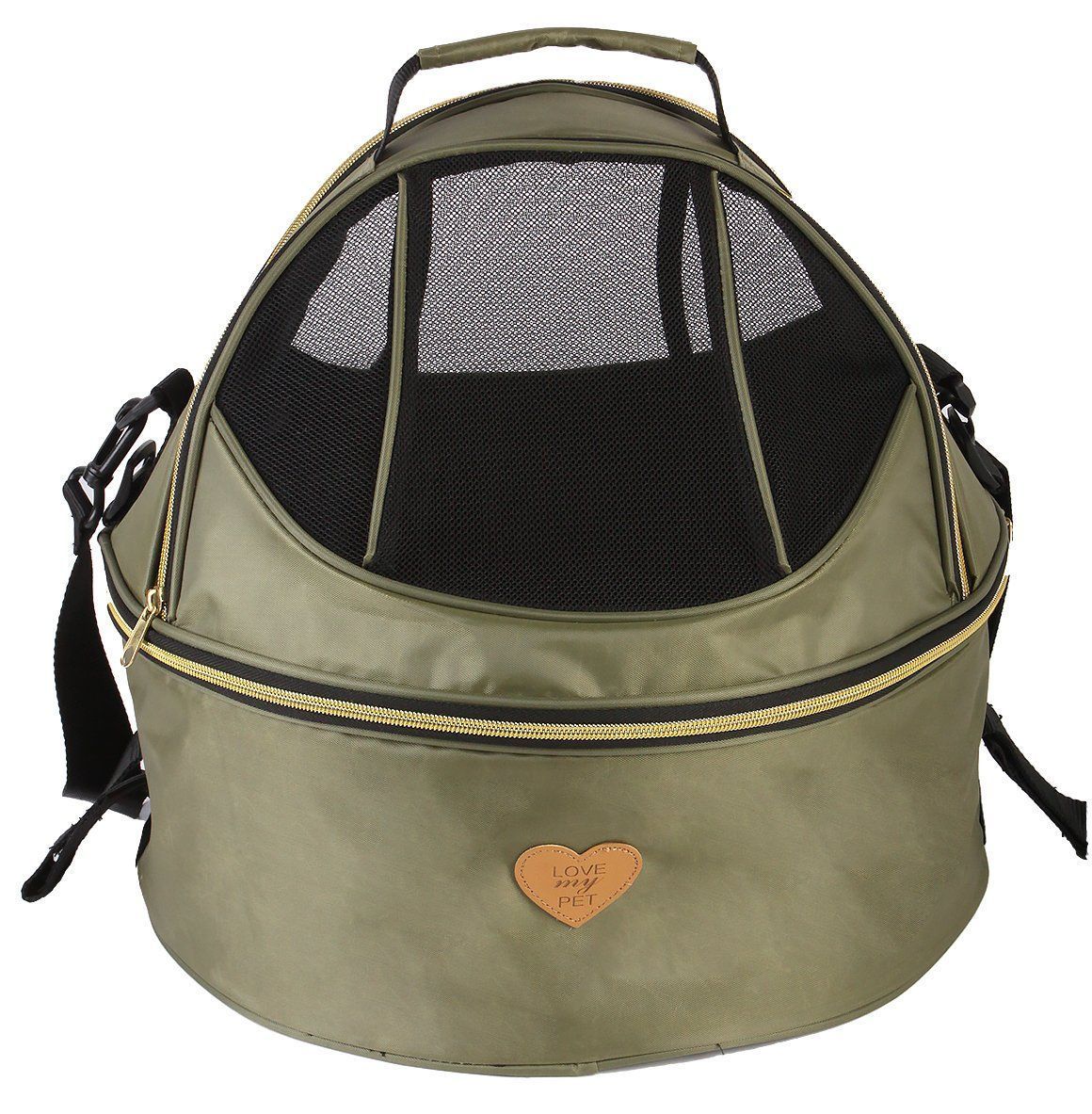 Olive green panoramic circular dog carrier with double zippers and front mesh viewing panels