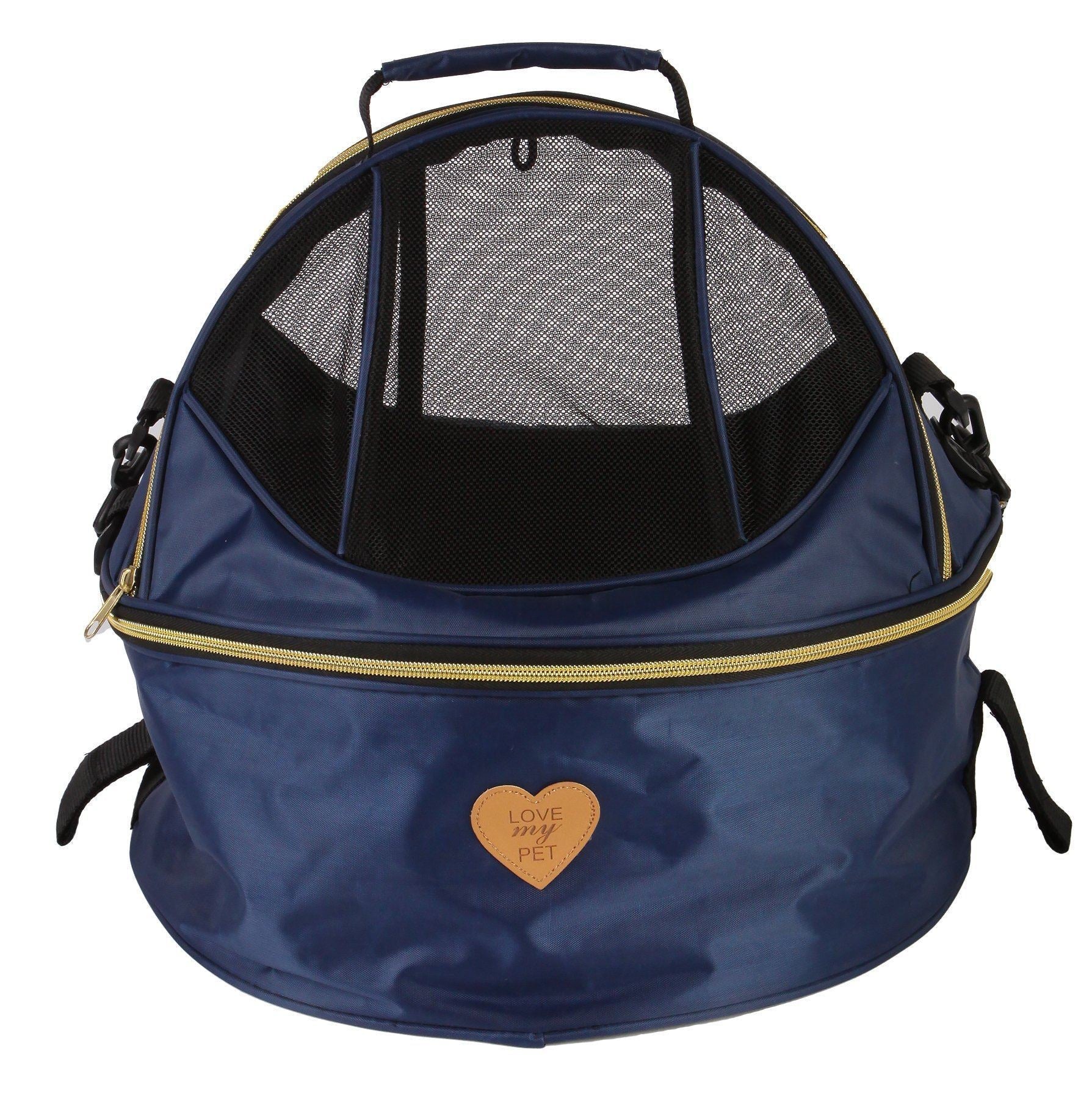 Navy panoramic circular dog carrier with double zippers and front mesh window panels