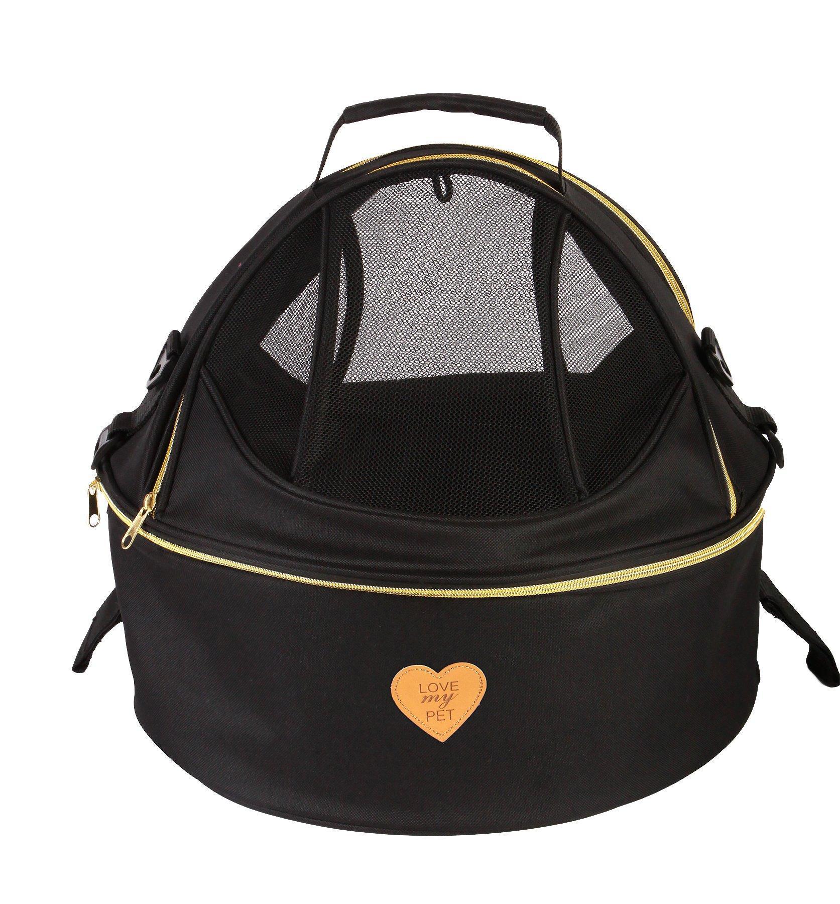 Black panoramic circular dog carrier with double zippers and front mesh viewing panels