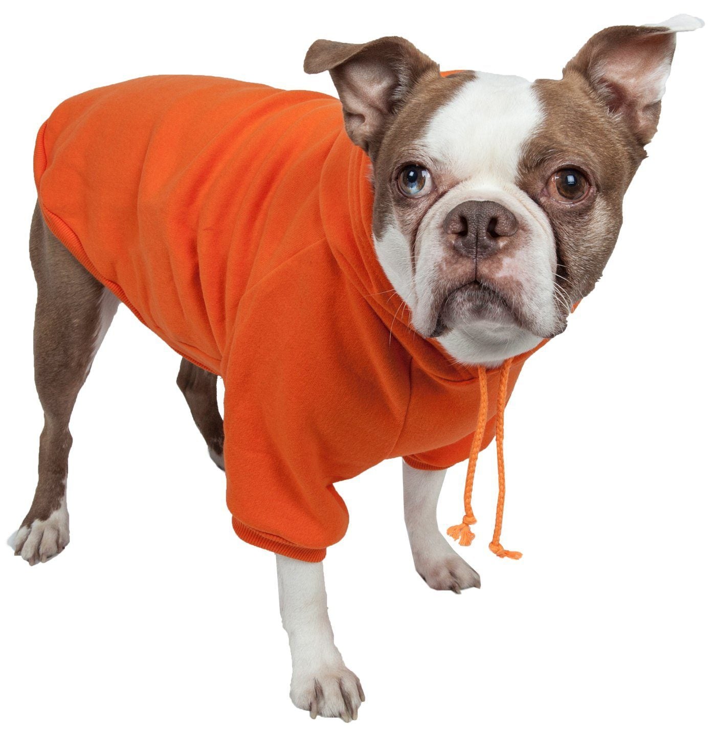Orange plush dog sweater with hood and orange drawstring tassels