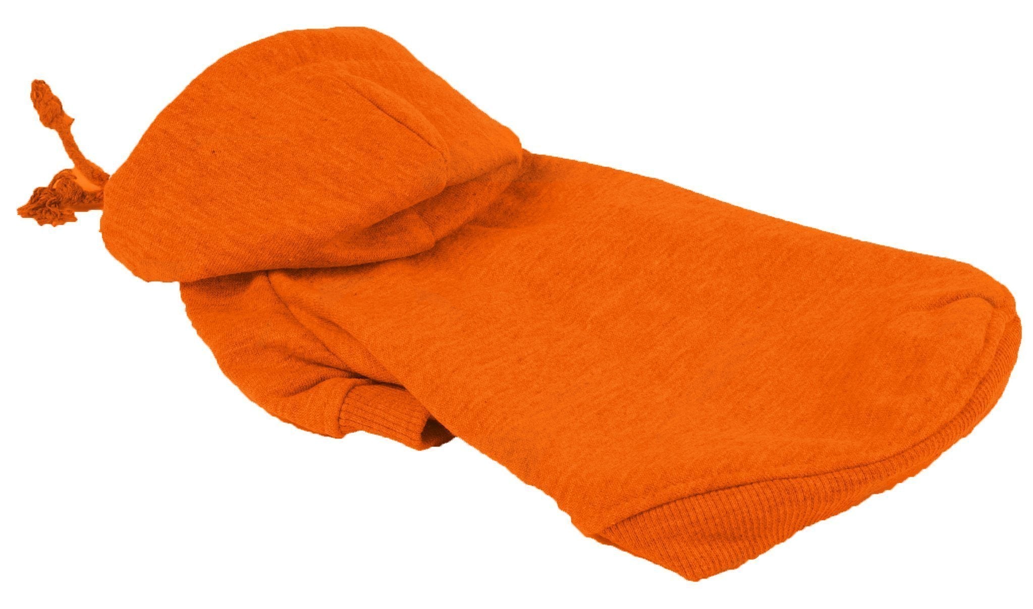 Orange hooded dog sweater laid flat with ribbed knit cuffs