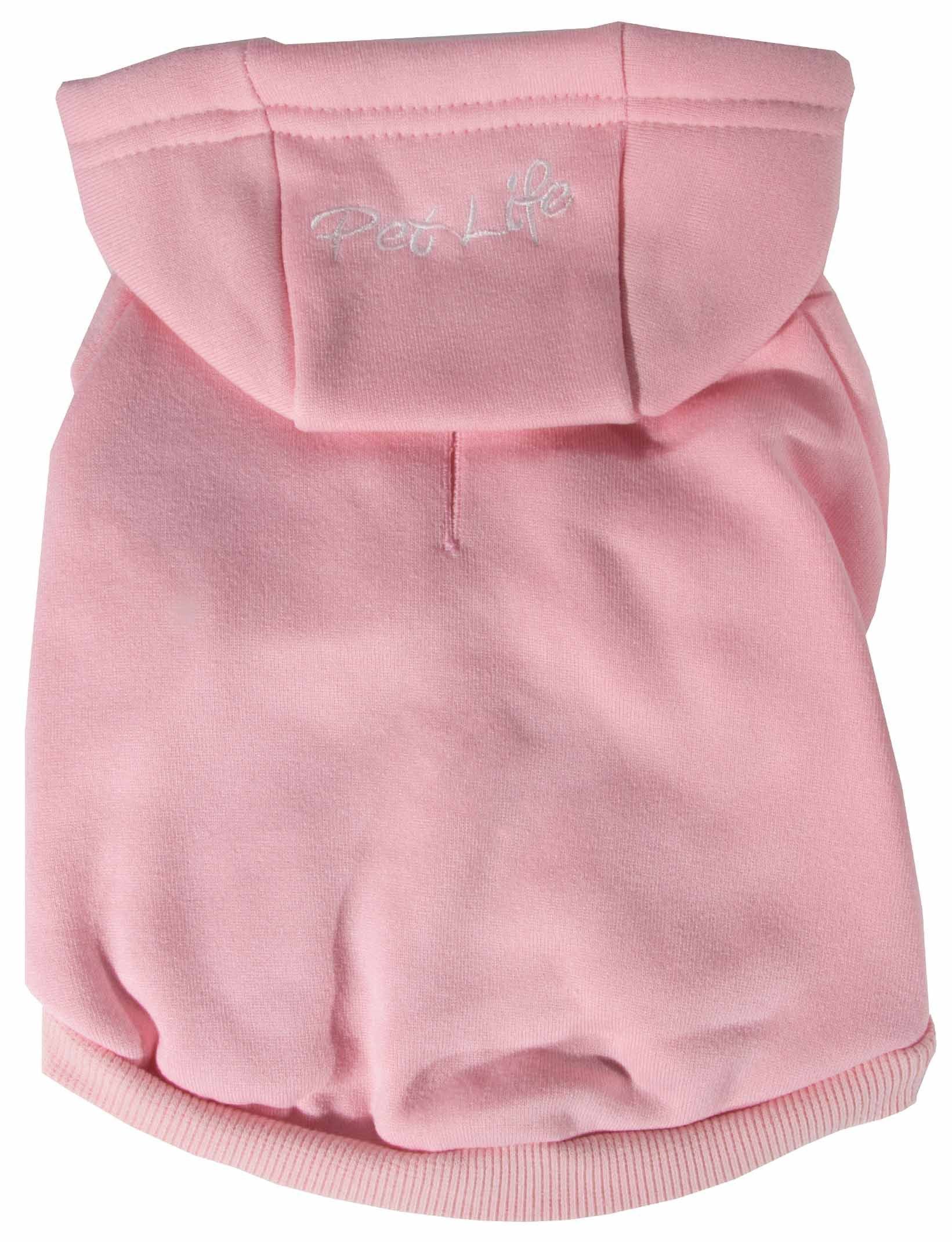 Pink hooded dog plush cotton sweater with ribbed hem and front pocket