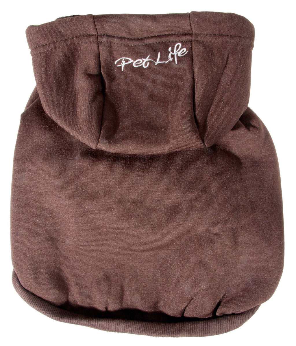 Brown hooded dog sweater with Pet Life logo on back