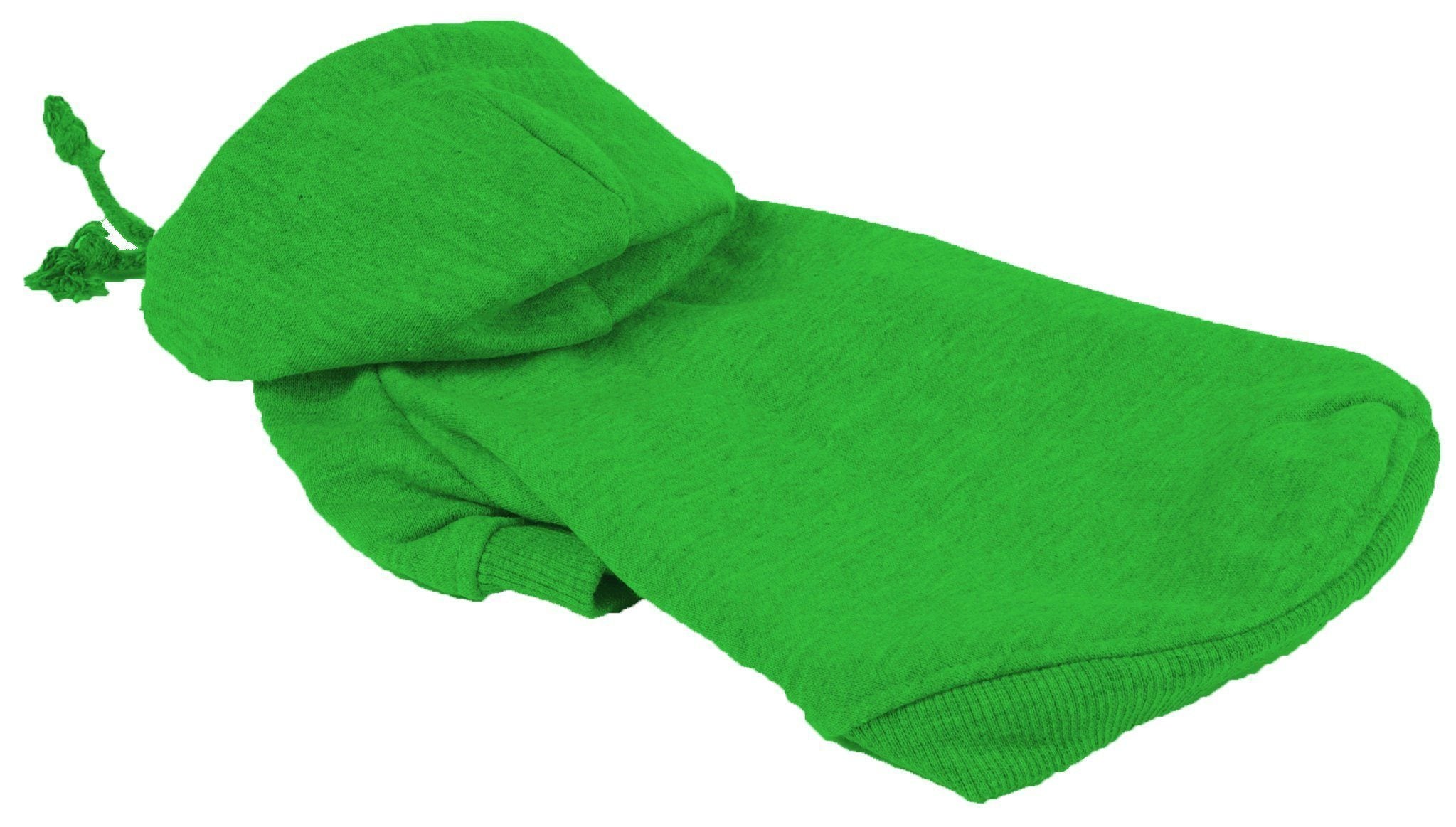 Green hooded dog sweater laid flat with ribbed knit cuffs
