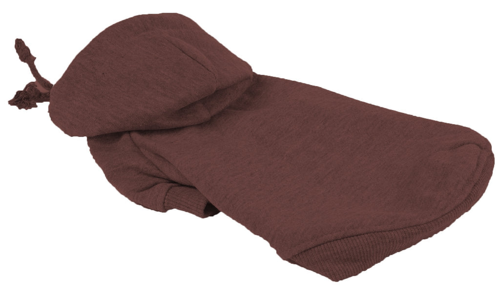 Brown hooded dog sweater laid flat with ribbed knit cuffs