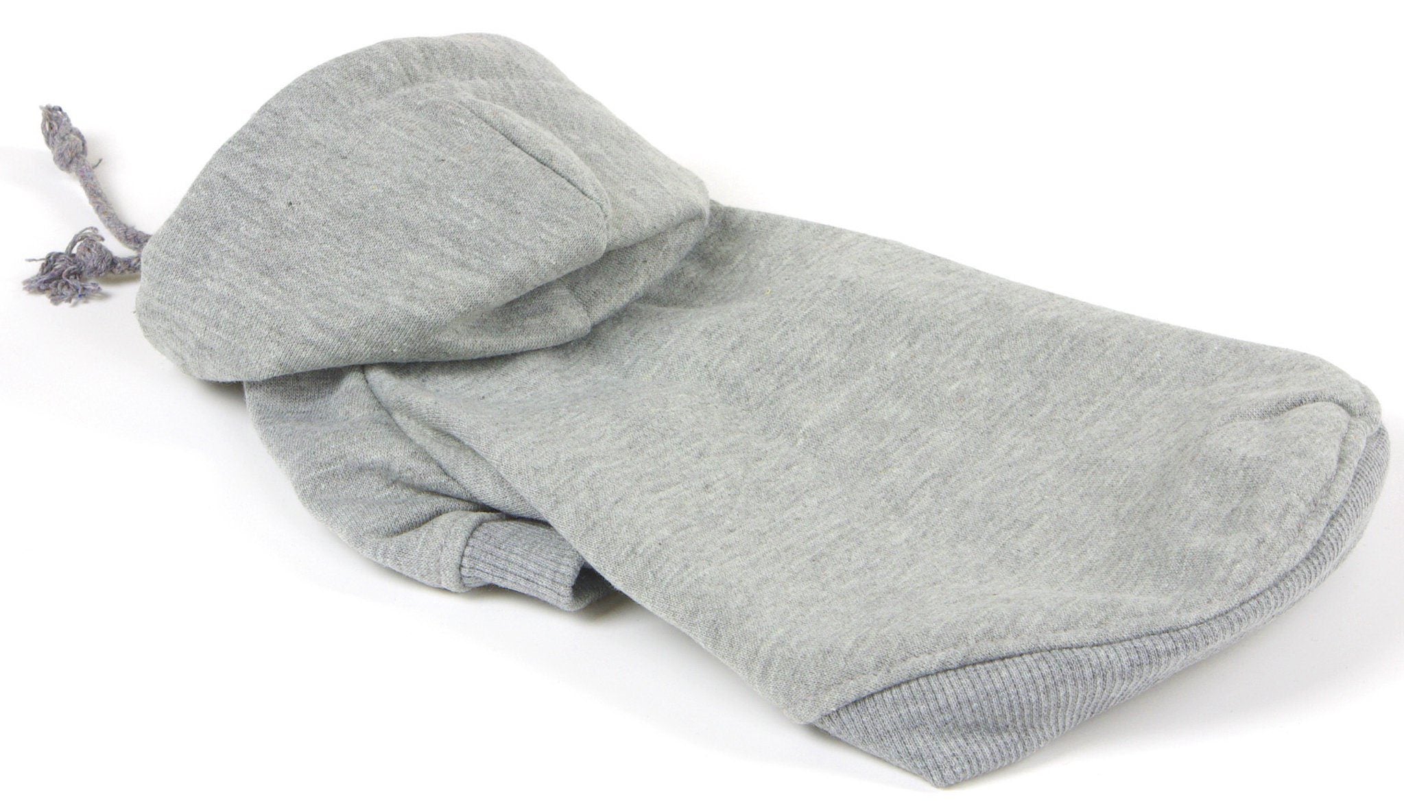 Light grey hooded dog sweater laid flat with knit cuffs