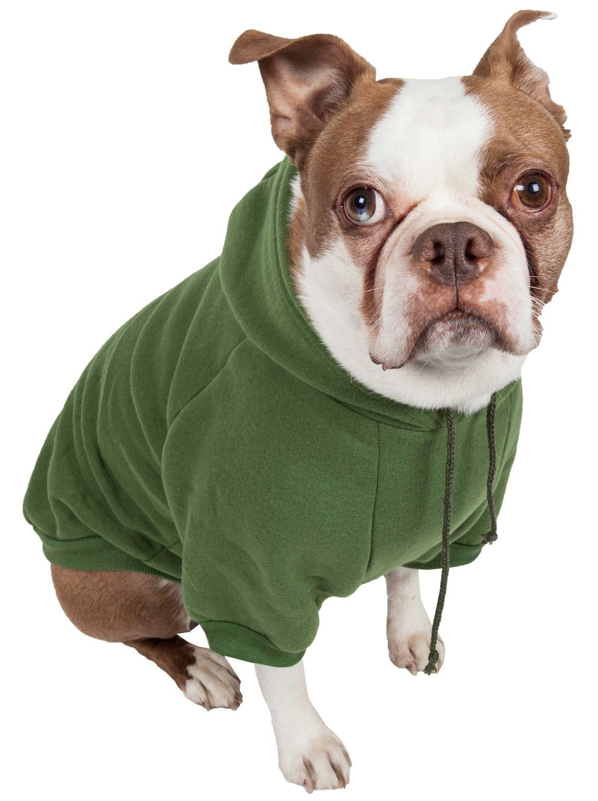 Green plush dog sweater with hood and drawstring ties