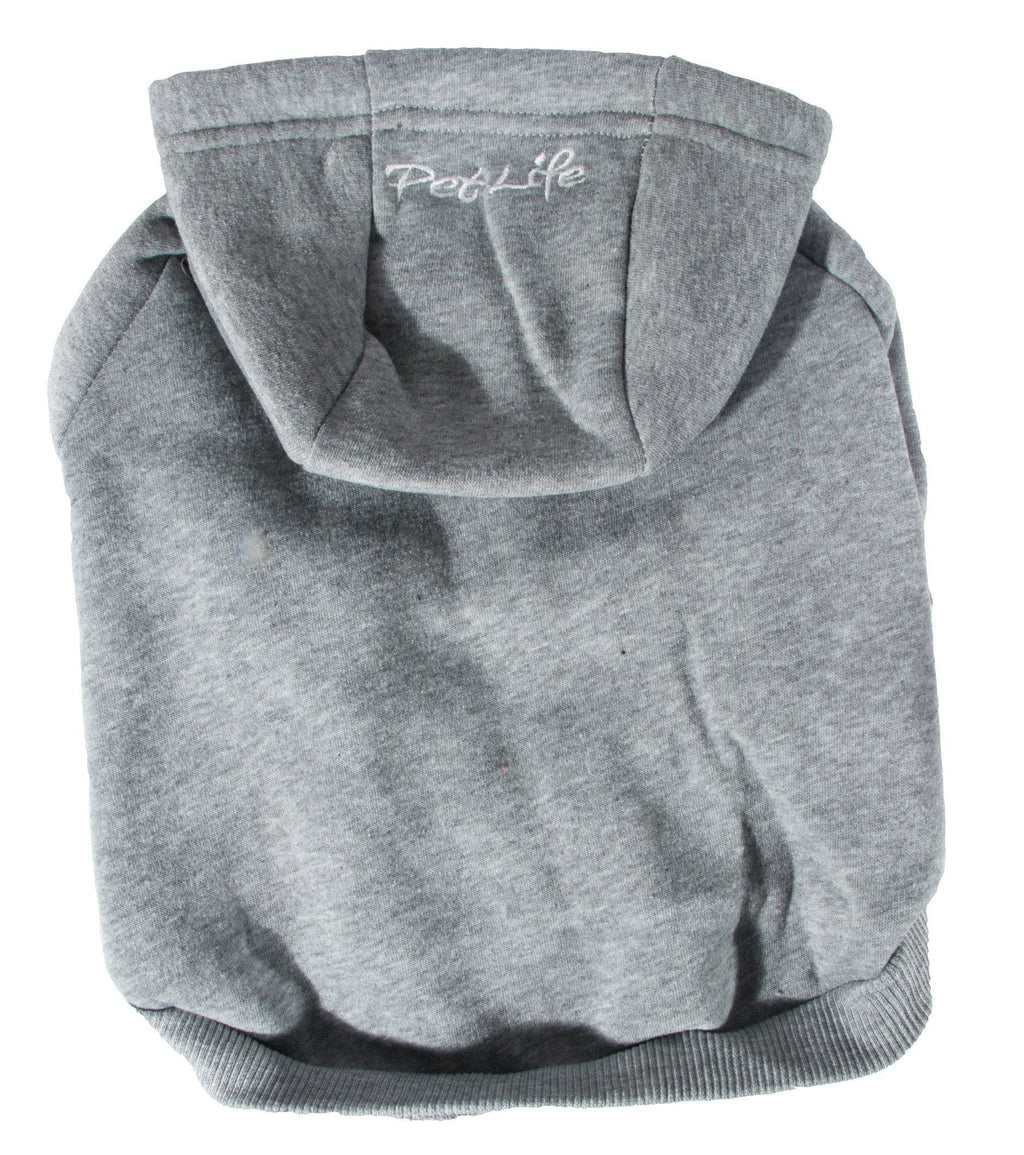 Grey hooded dog plush cotton sweater with front pocket and ribbed cuffs