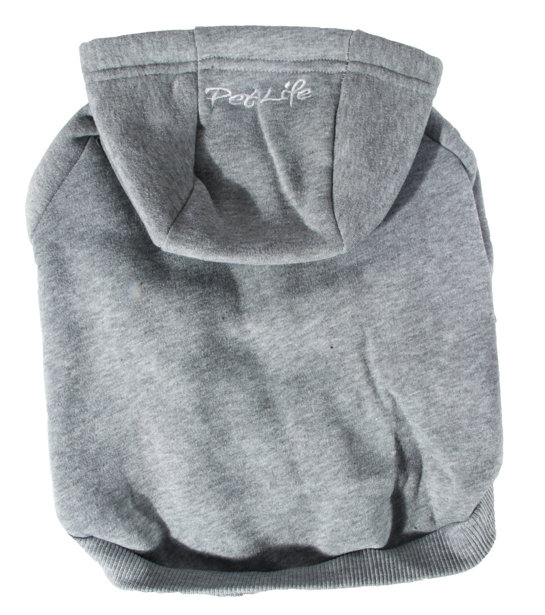 Grey hooded dog plush cotton sweater with front pocket and ribbed cuffs