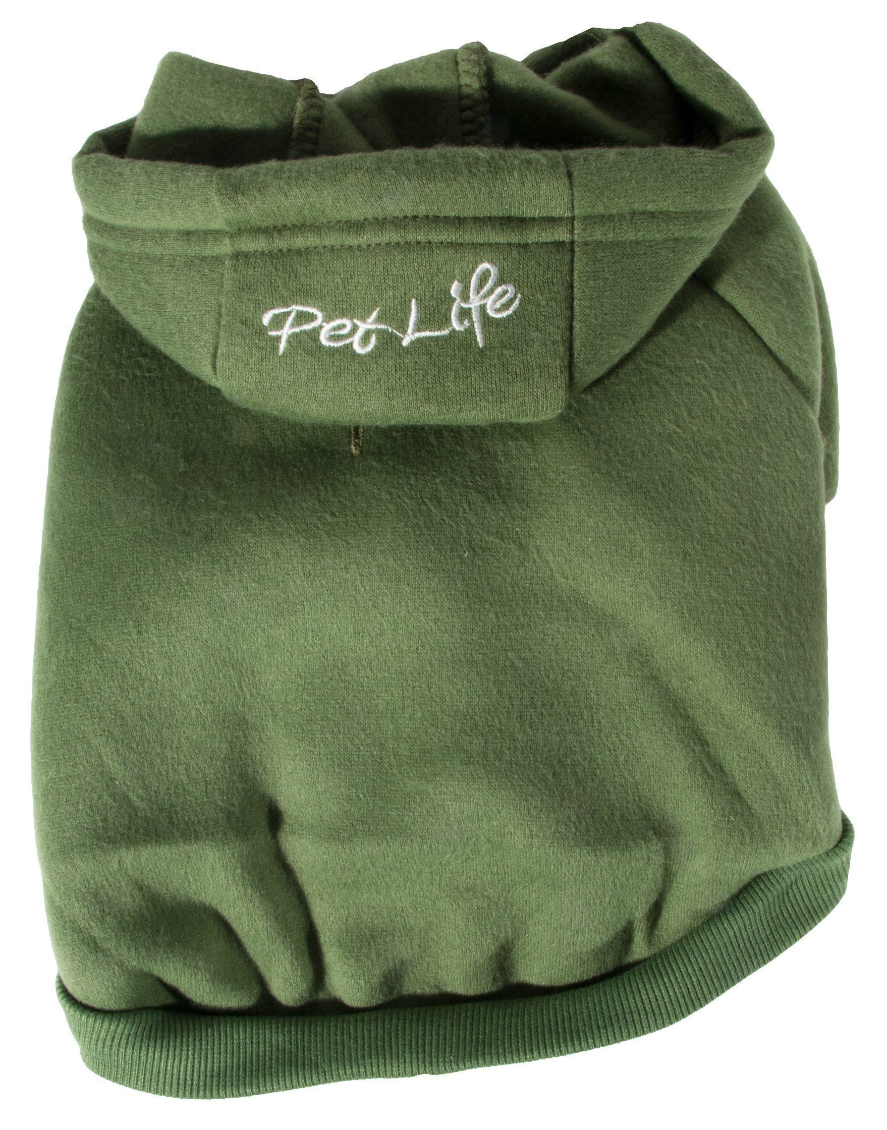 Green hooded dog plush cotton sweater with front pocket; Pet Life logo on hood