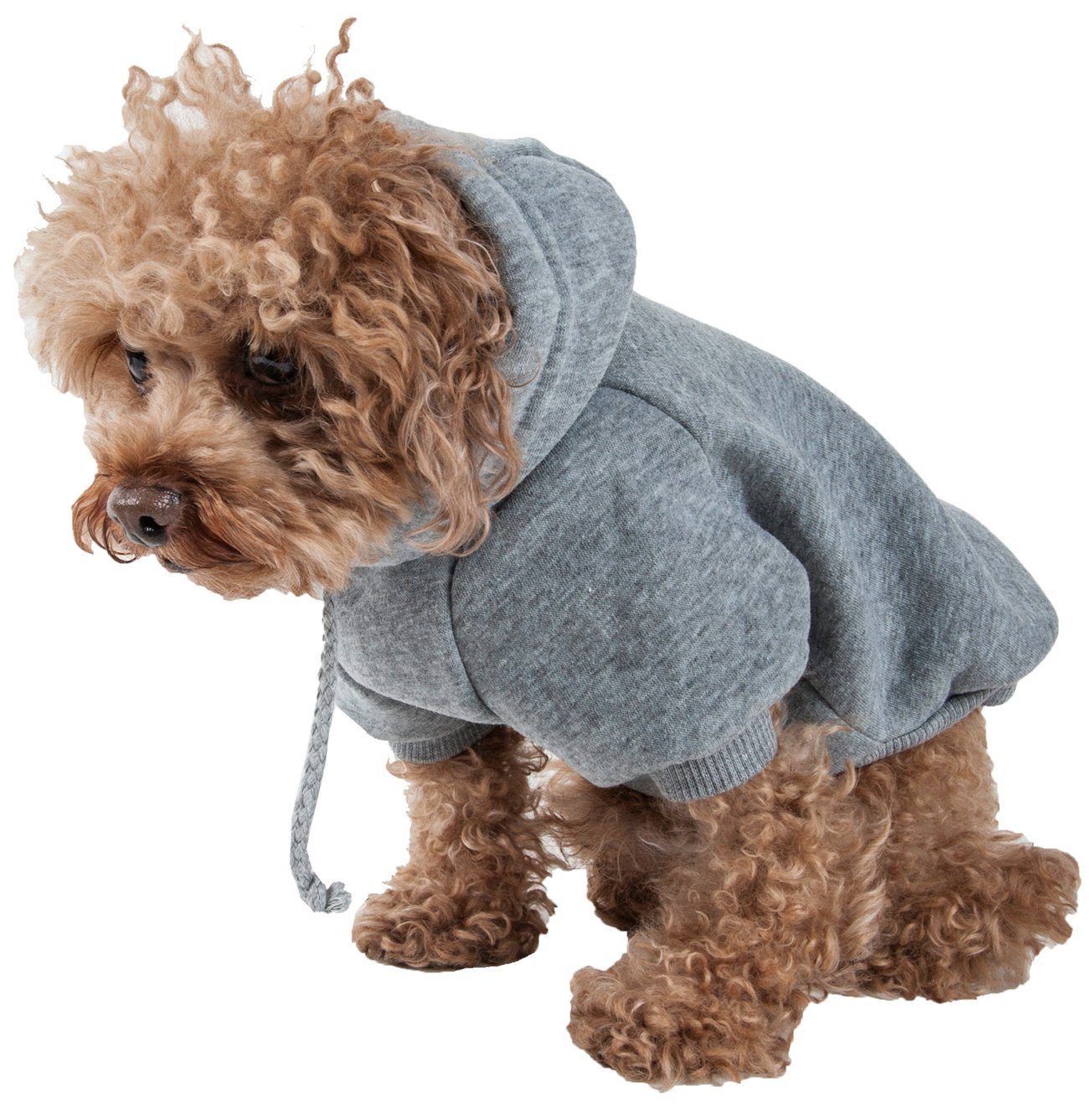 Grey plush dog sweater with hood and drawstring hem