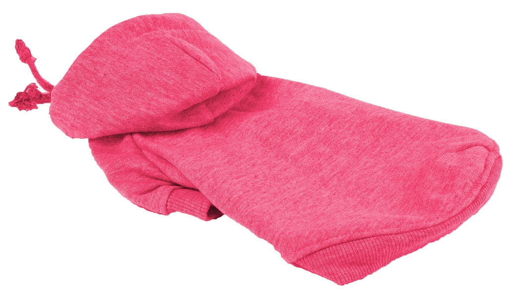 Pink hooded dog sweater laid flat with ribbed knit cuffs
