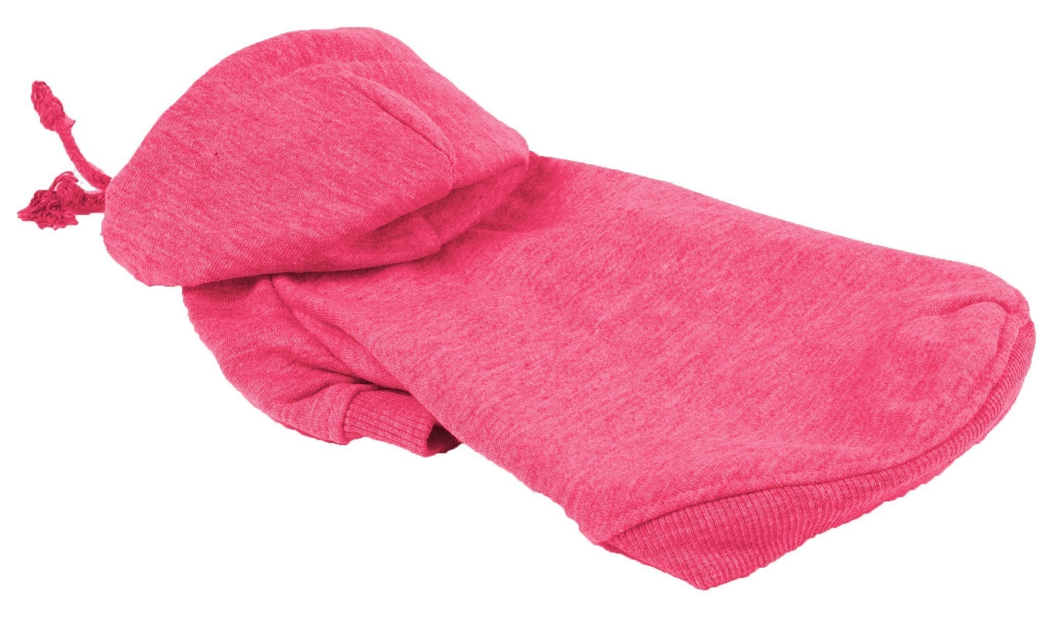 Pink hooded dog sweater laid flat with ribbed knit cuffs