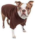 Brown plush dog sweater with hood and dangling drawstrings