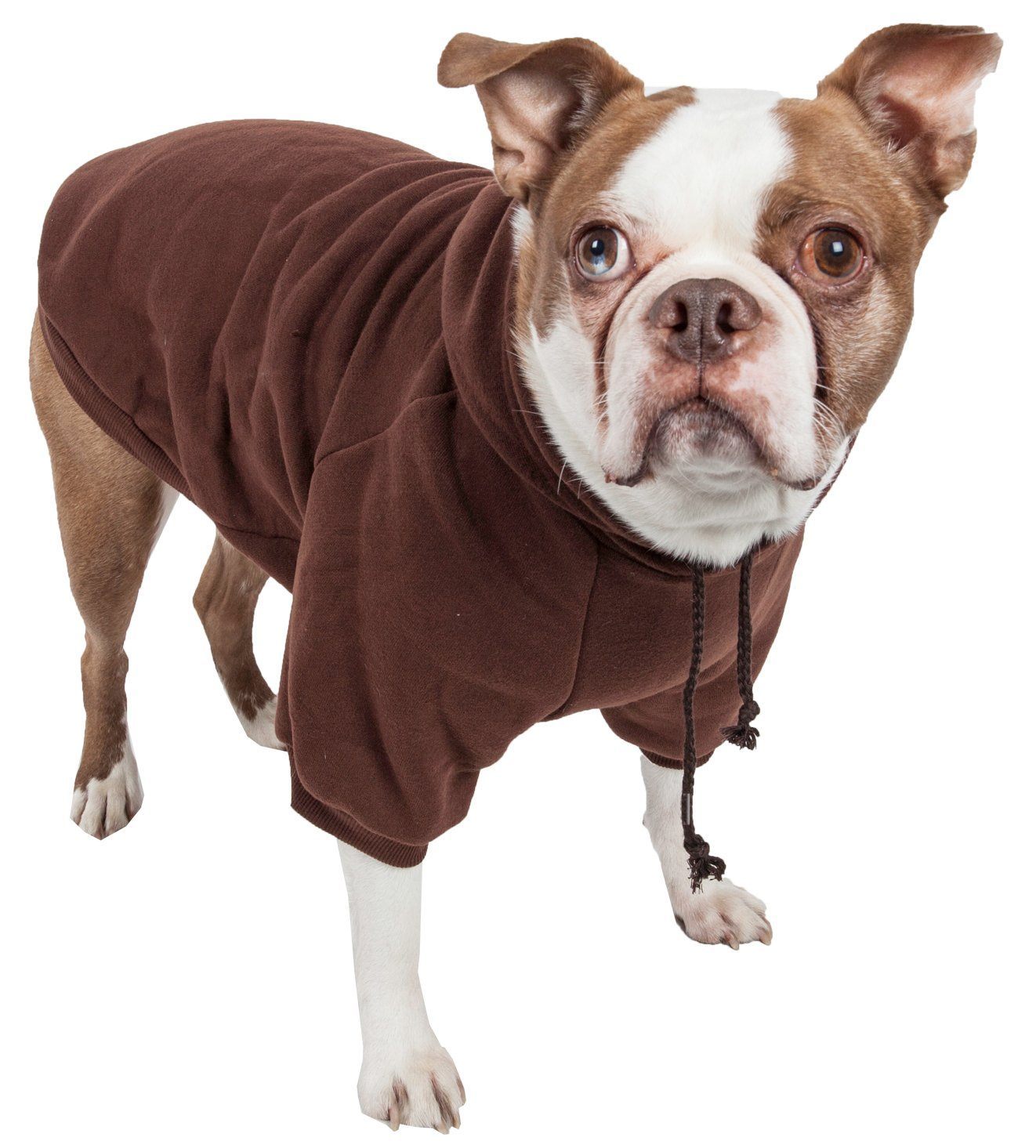 Brown plush dog sweater with hood and dangling drawstrings