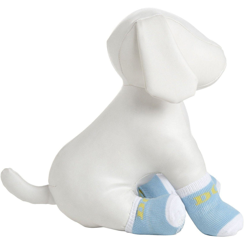 Blue and white anti-slip dog socks with paw-print grip soles, breathable stretch